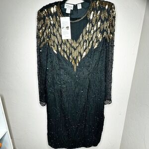 Stenay NWT Vintage Black Silk Dress Hand Embellished Beads/Sequins Sz‎ 16